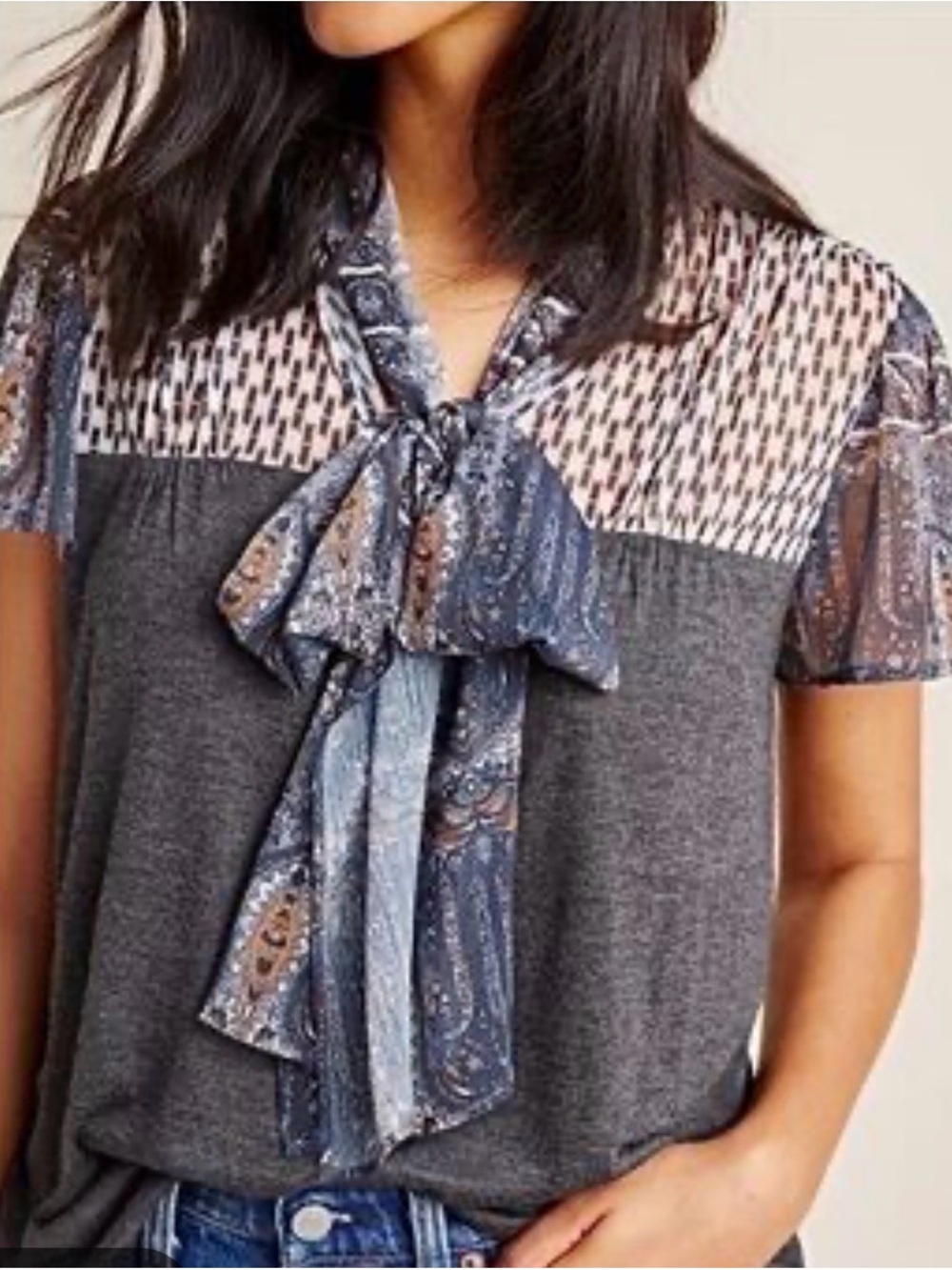 Tiny by Anthropologie Mixed Media tie-neck flutter sleeve blouse